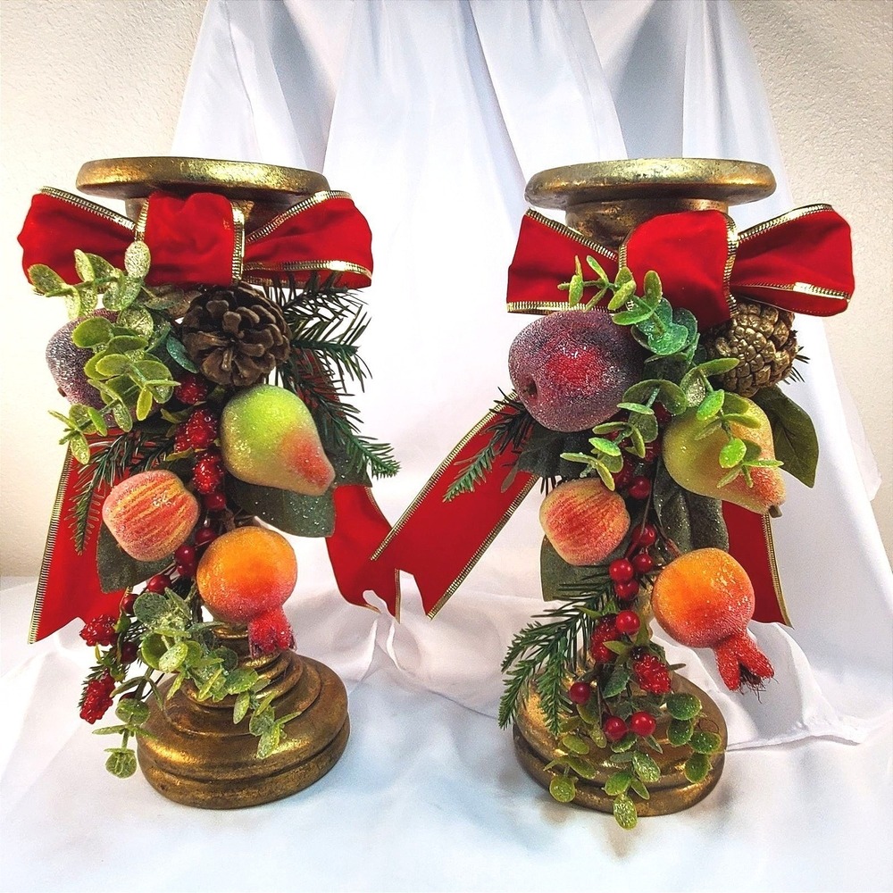 VTG Christmas Beaded Fruit Gold Candle Holders Bow & Beaded Fruit 13" Tall
